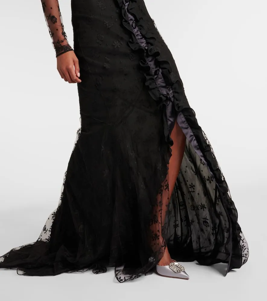 Alessandra Rich Bow-detail ruffled off-shoulder lace gown