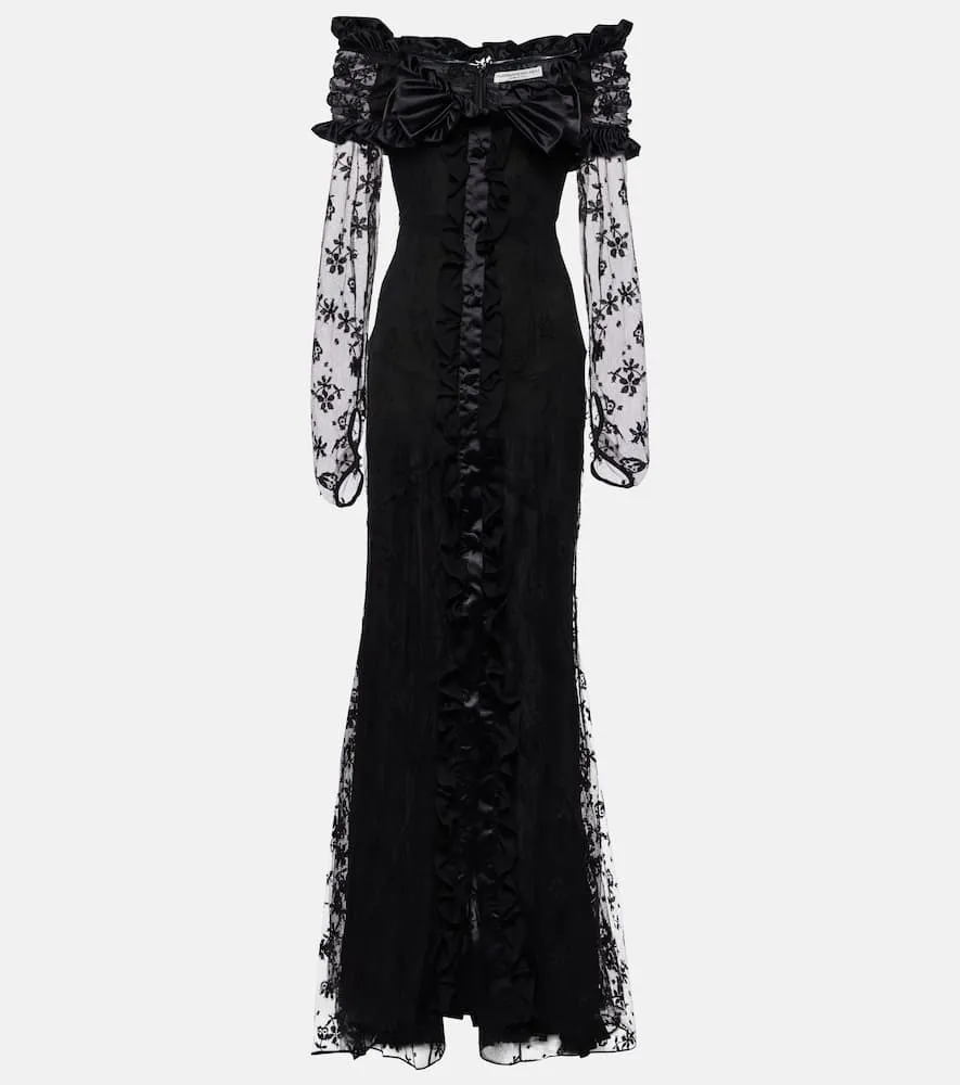 Alessandra Rich Bow-detail ruffled off-shoulder lace gown
