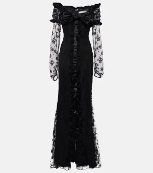 Alessandra Rich Bow-detail ruffled off-shoulder lace gown