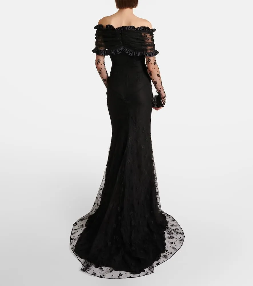 Alessandra Rich Bow-detail ruffled off-shoulder lace gown