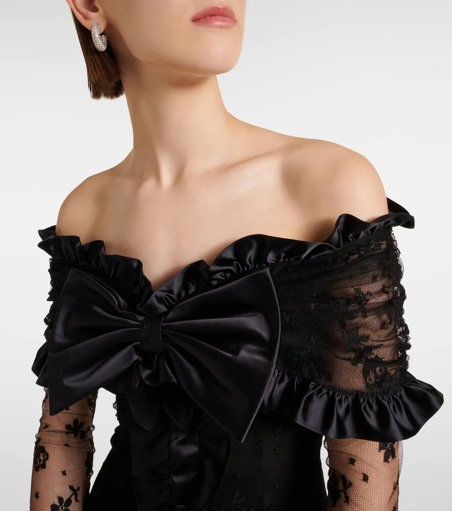 Alessandra Rich Bow-detail ruffled off-shoulder lace gown
