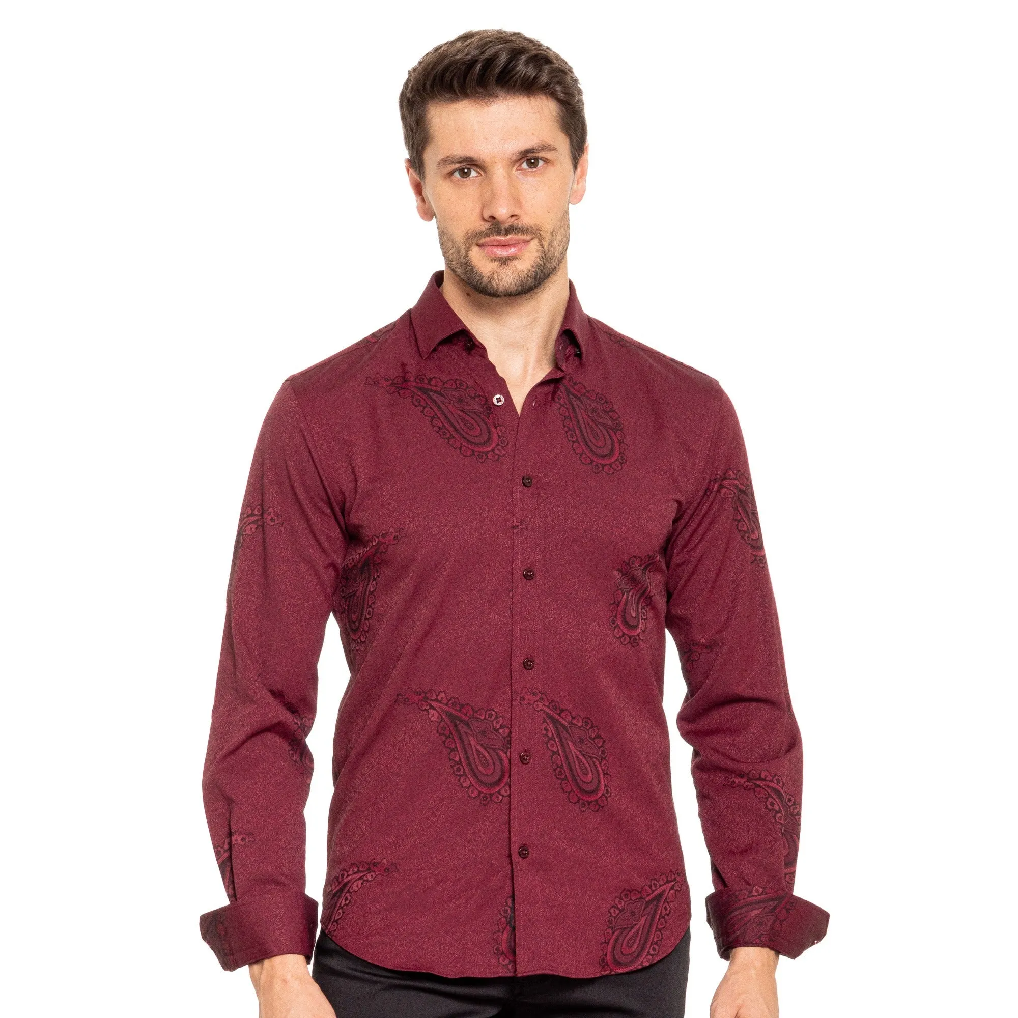 Big Paisley Jacquard Button Down Shirt - Burgundy
