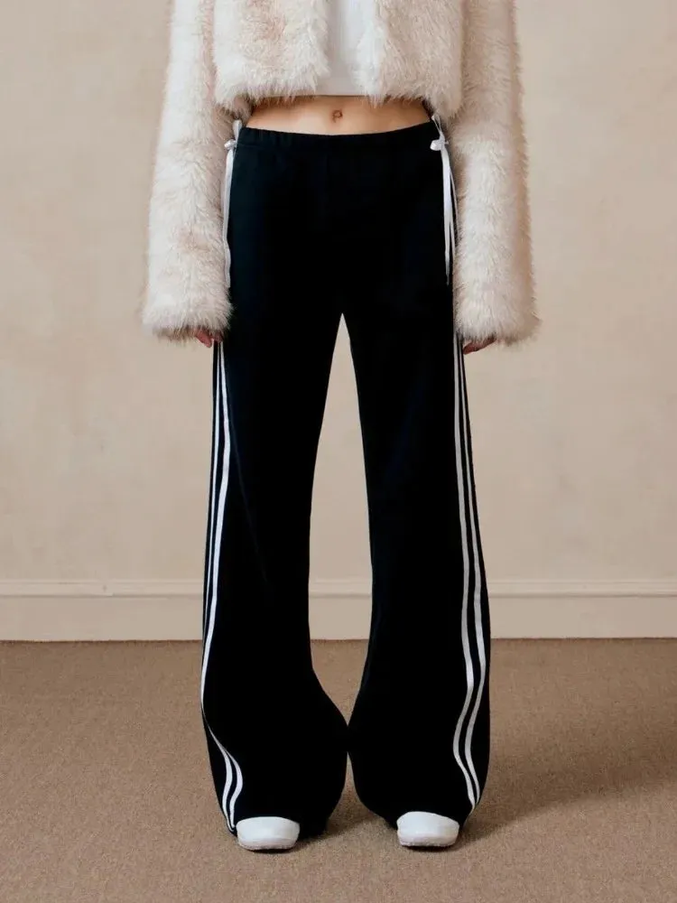 Black Striped Bow Charming Wide Leg Pants