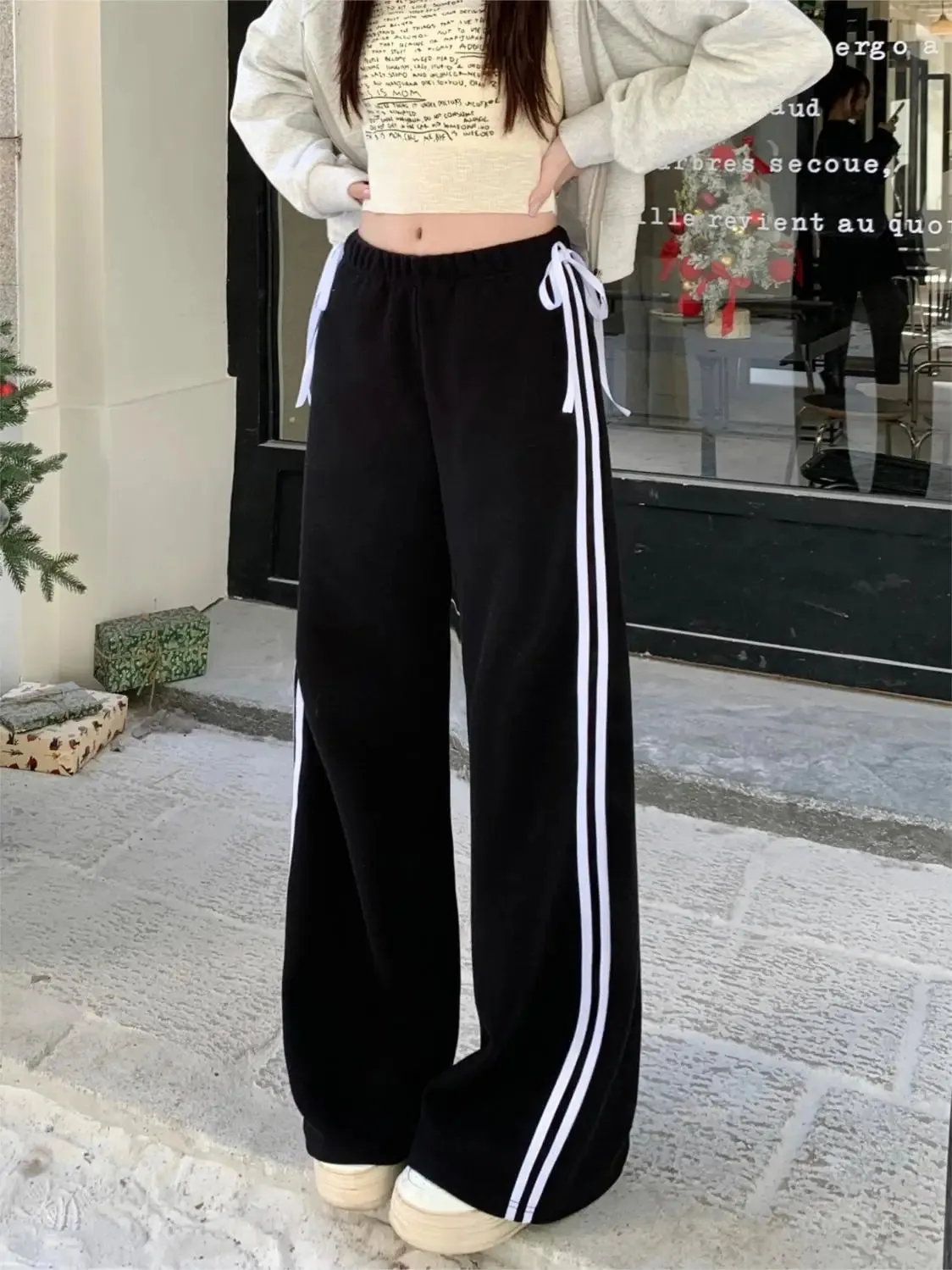 Black Striped Bow Charming Wide Leg Pants