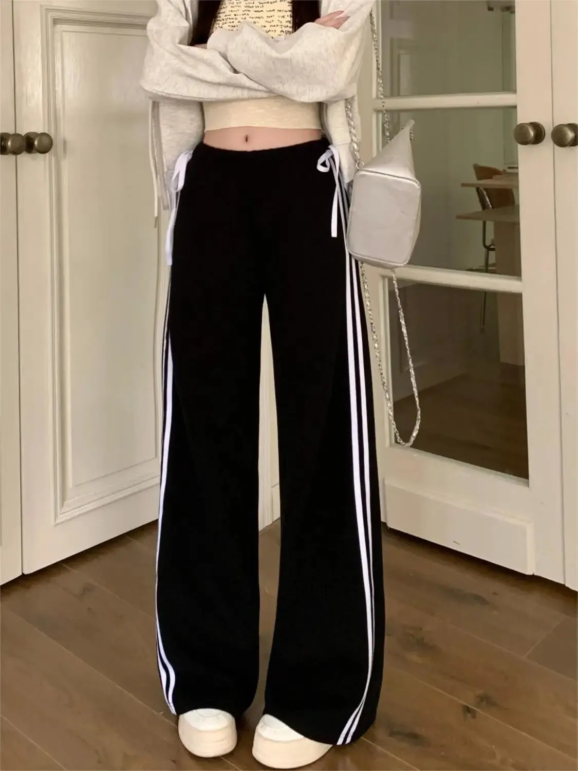 Black Striped Bow Charming Wide Leg Pants
