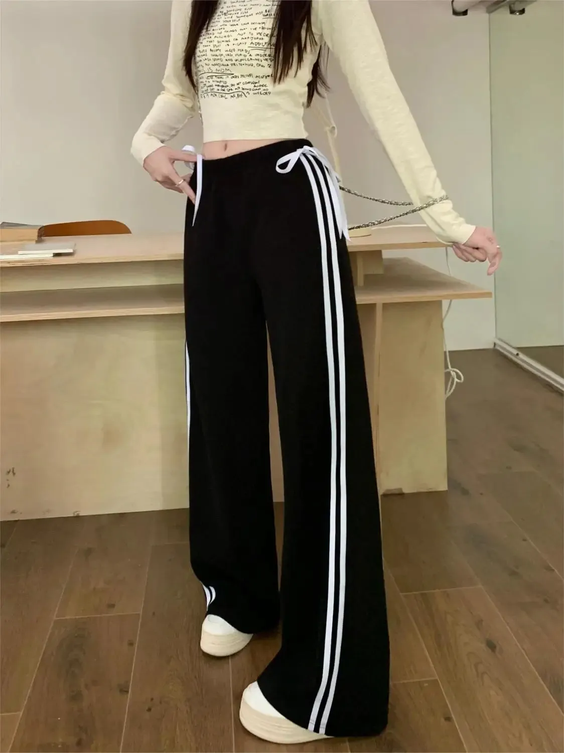 Black Striped Bow Charming Wide Leg Pants