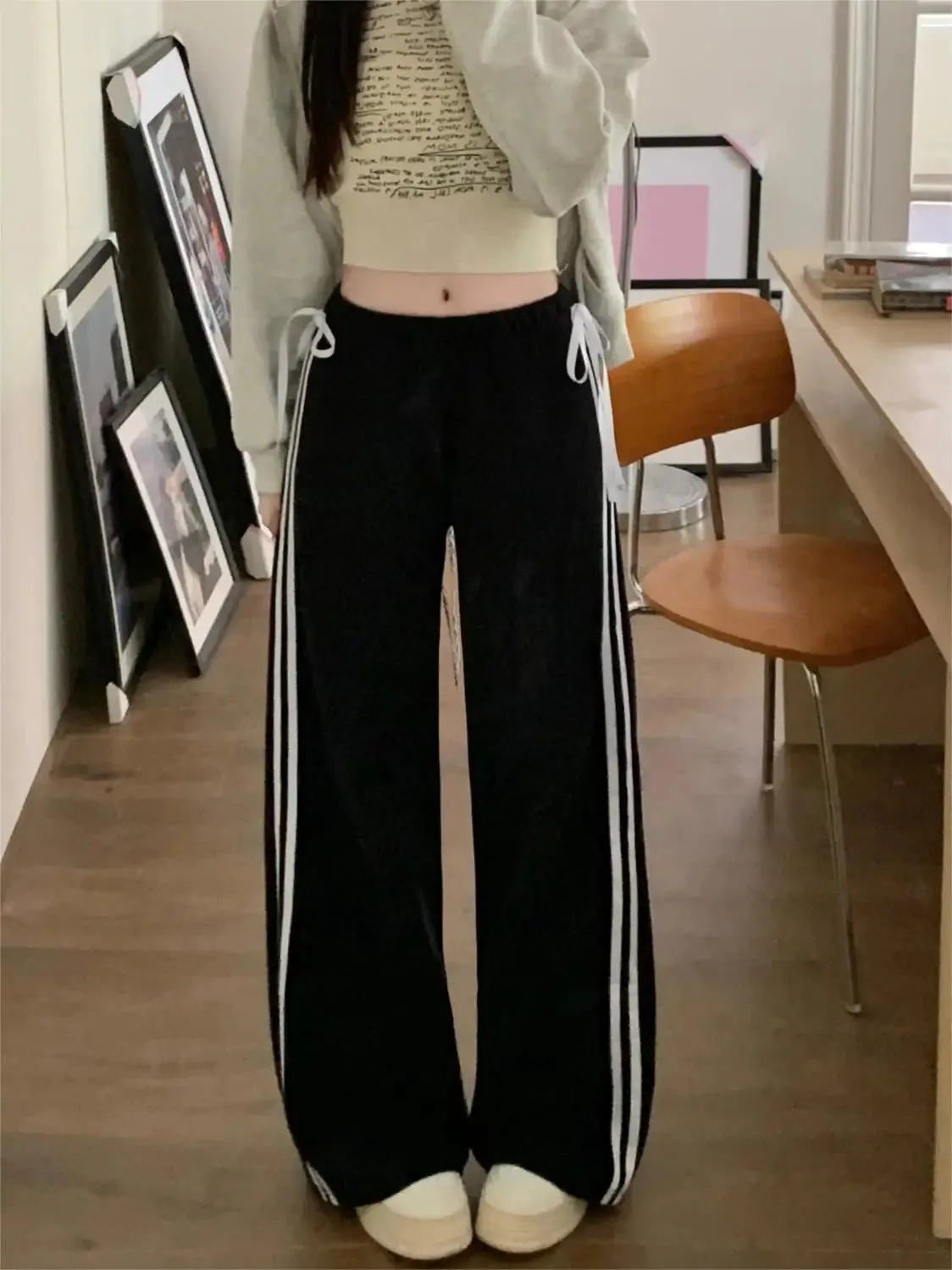 Black Striped Bow Charming Wide Leg Pants