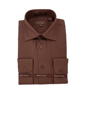 Brown men's long sleeves dress shirt spread collar convertible cuff regular fit