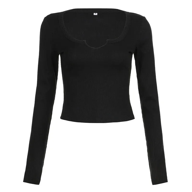 Casual Solid Skinny Crop Long Sleeve Tee