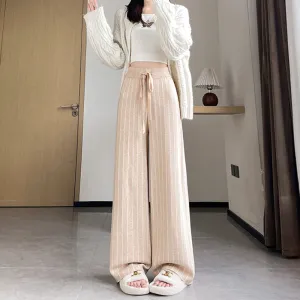 Casual Vertical Striped Knitted Straight Wide-Leg Pants