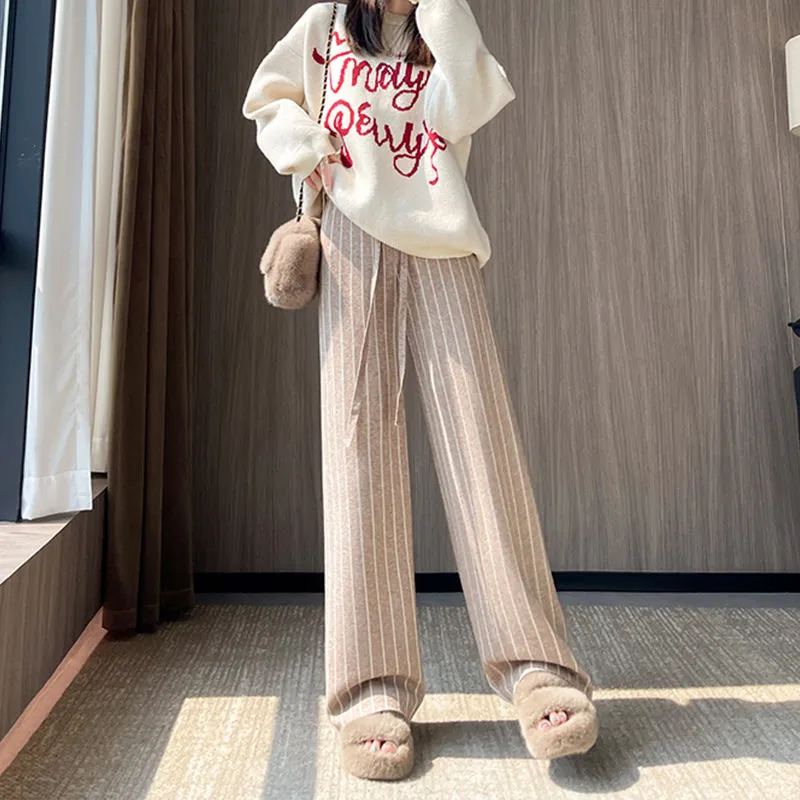 Casual Vertical Striped Knitted Straight Wide-Leg Pants