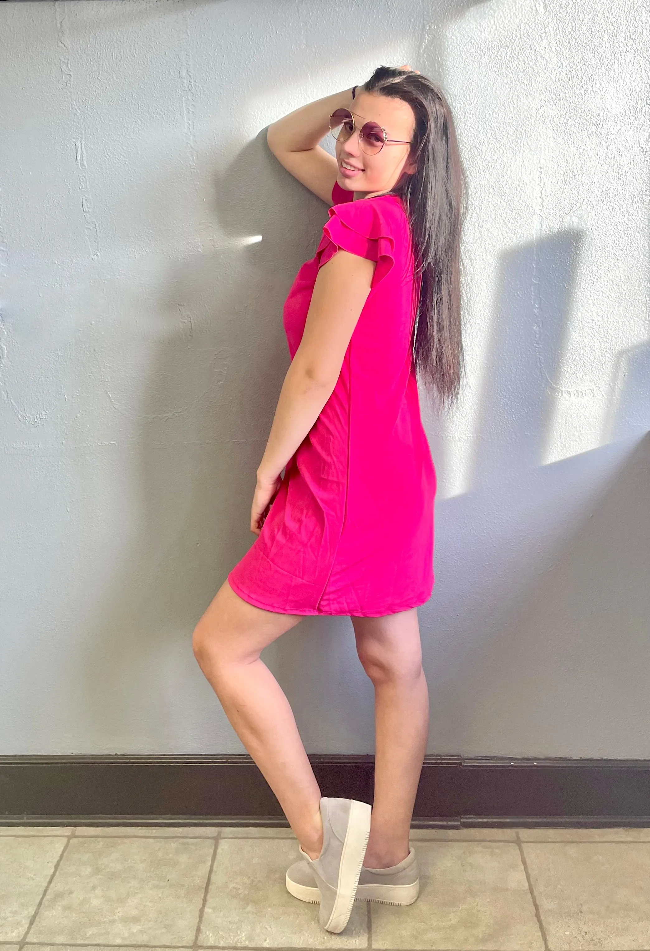 CES FEMME- Ruffle Sleeves Solid Tunic Dress
