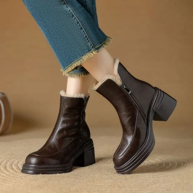 Chunky Heel Plain Fleece-Lined Genuine Leather Short Boots