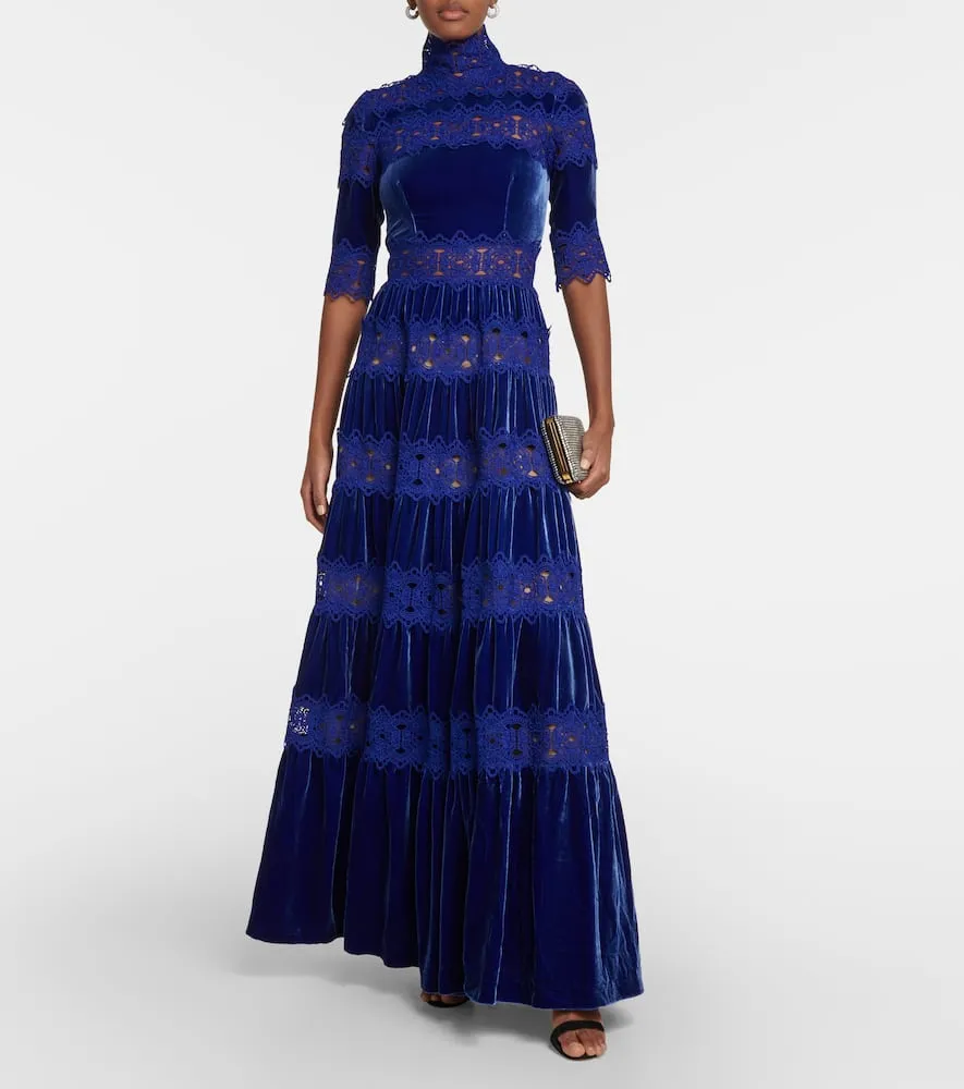 Costarellos Lissie lace and velvet gown
