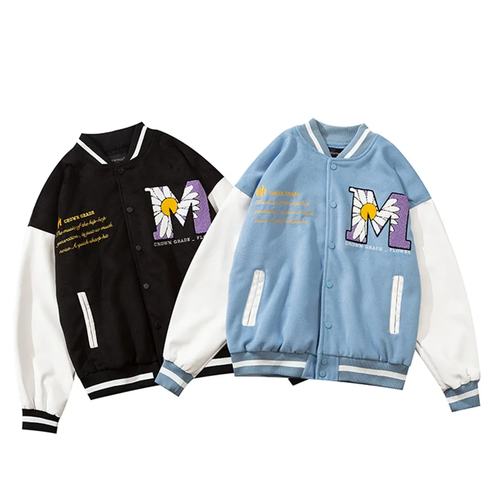 Daisy Flowers Patch Leather Baseball Jacket