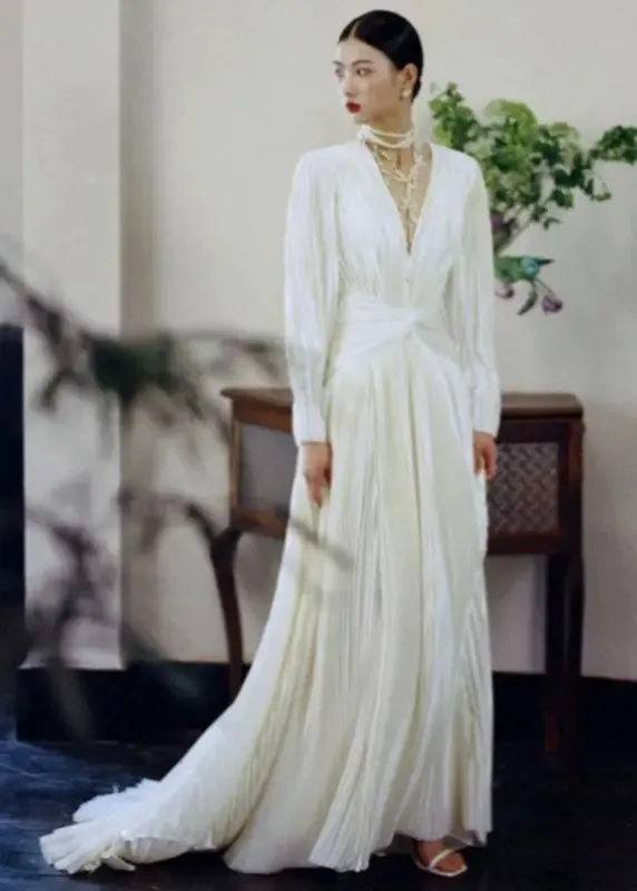 Fitted White V Neck Wrinkled Tunic Vacation Long Dresses Long Sleeve ML3137