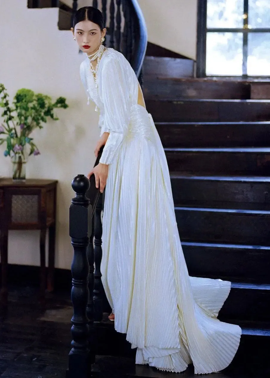 Fitted White V Neck Wrinkled Tunic Vacation Long Dresses Long Sleeve ML3137