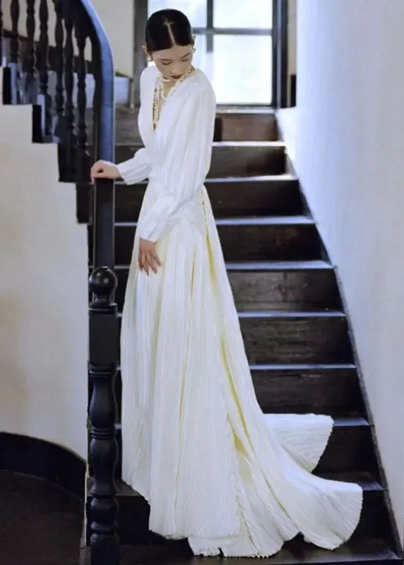 Fitted White V Neck Wrinkled Tunic Vacation Long Dresses Long Sleeve ML3137