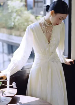 Fitted White V Neck Wrinkled Tunic Vacation Long Dresses Long Sleeve ML3137