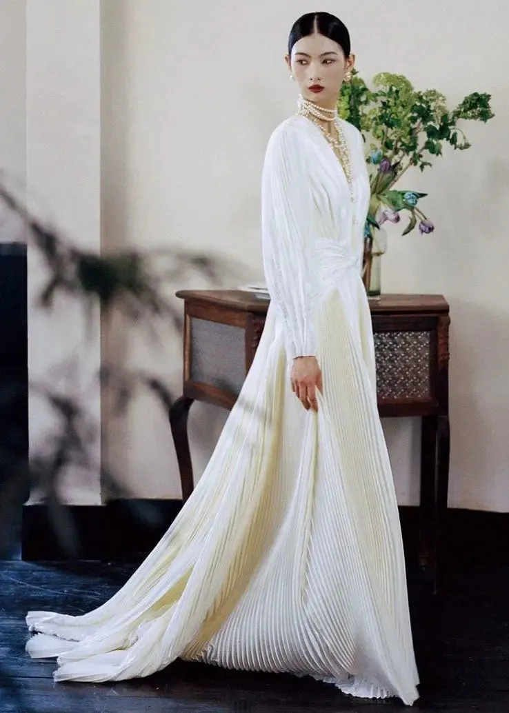 Fitted White V Neck Wrinkled Tunic Vacation Long Dresses Long Sleeve ML3137