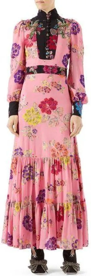Garden Print Crepe Silk Dress, Pink