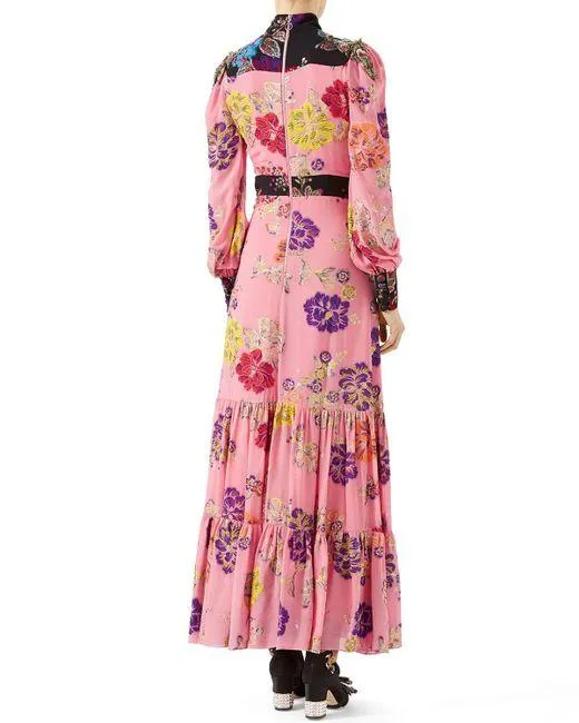Garden Print Crepe Silk Dress, Pink