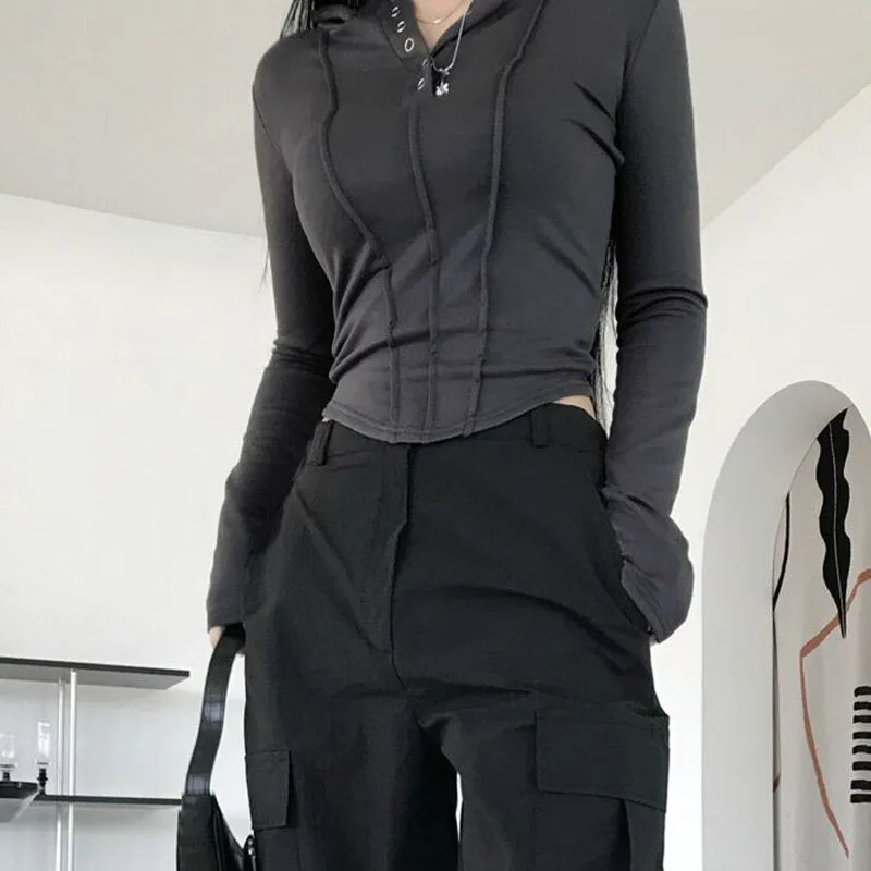 Grey Hooded Buttons Long Sleeve Crop Top