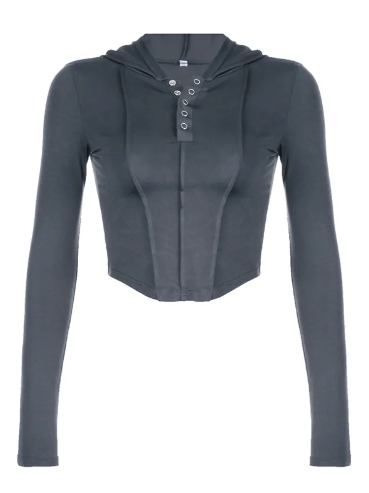 Grey Hooded Buttons Long Sleeve Crop Top