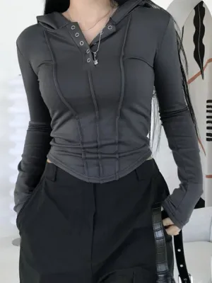 Grey Hooded Buttons Long Sleeve Crop Top