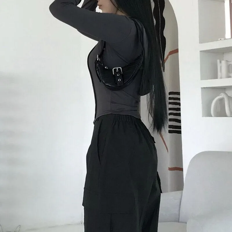 Grey Hooded Buttons Long Sleeve Crop Top