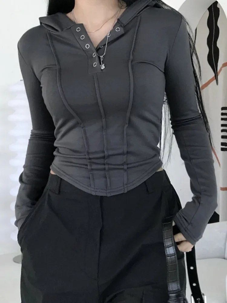 Grey Hooded Buttons Long Sleeve Crop Top