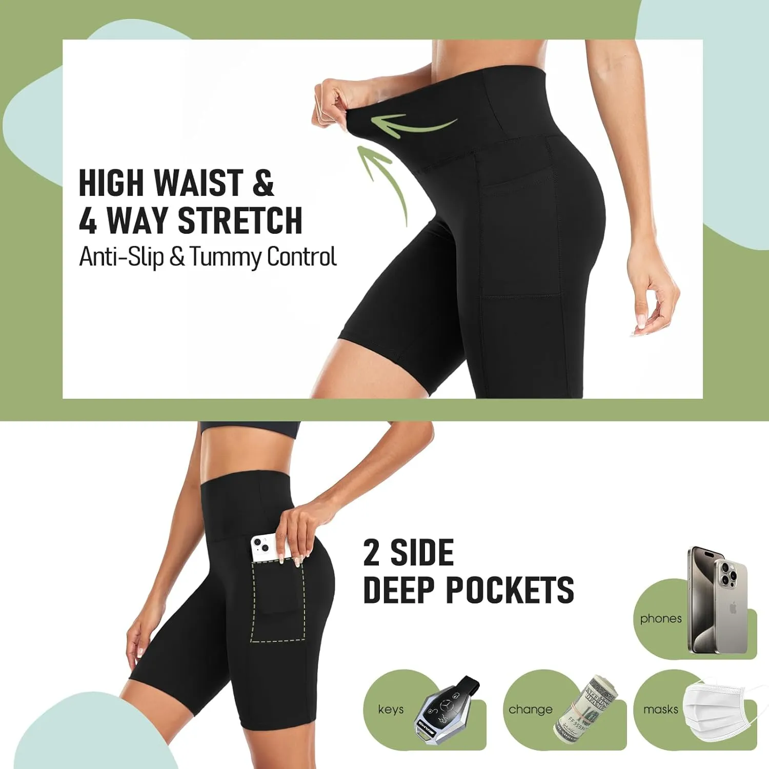 GROTEEN Biker Shorts Women with Pockets - 8'' High Waisted Tummy Control Yoga Workout Running Gym Spandex Shorts