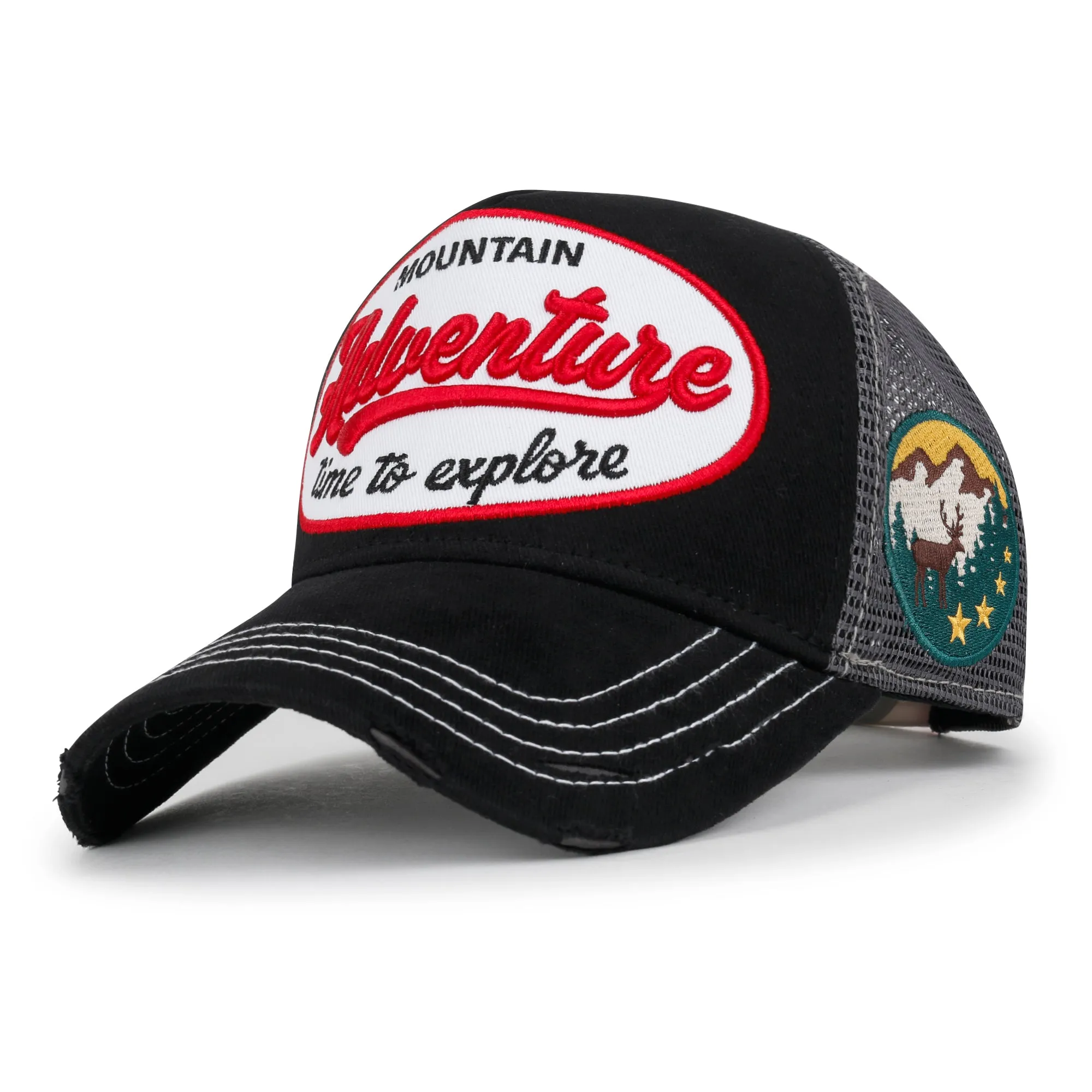 ililily PREMIUM Adventure Patch Structured Trucker Hat Distressed Baseball Cap