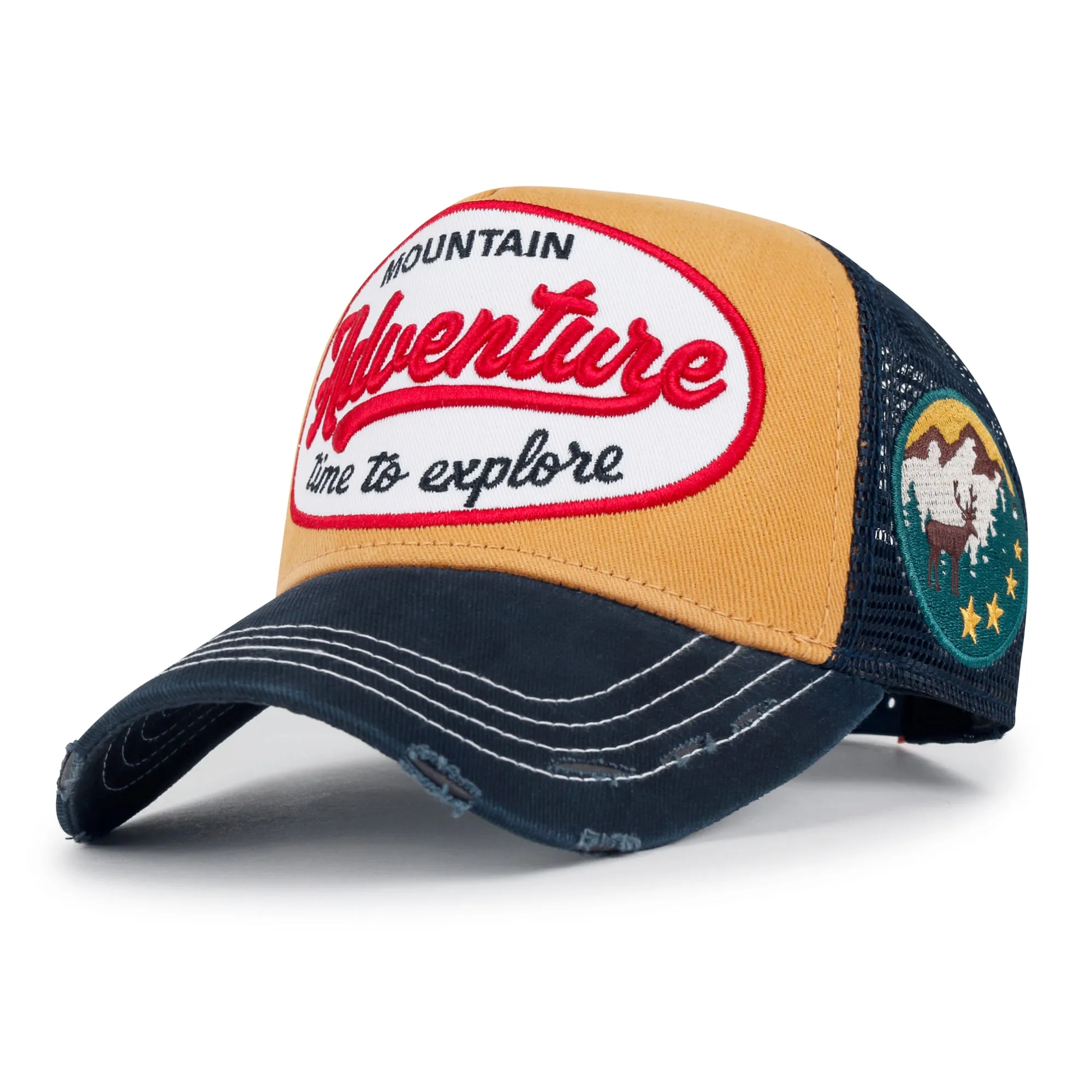 ililily PREMIUM Adventure Patch Structured Trucker Hat Distressed Baseball Cap