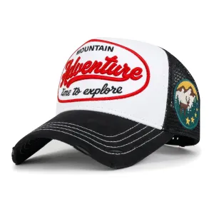 ililily PREMIUM Adventure Patch Structured Trucker Hat Distressed Baseball Cap