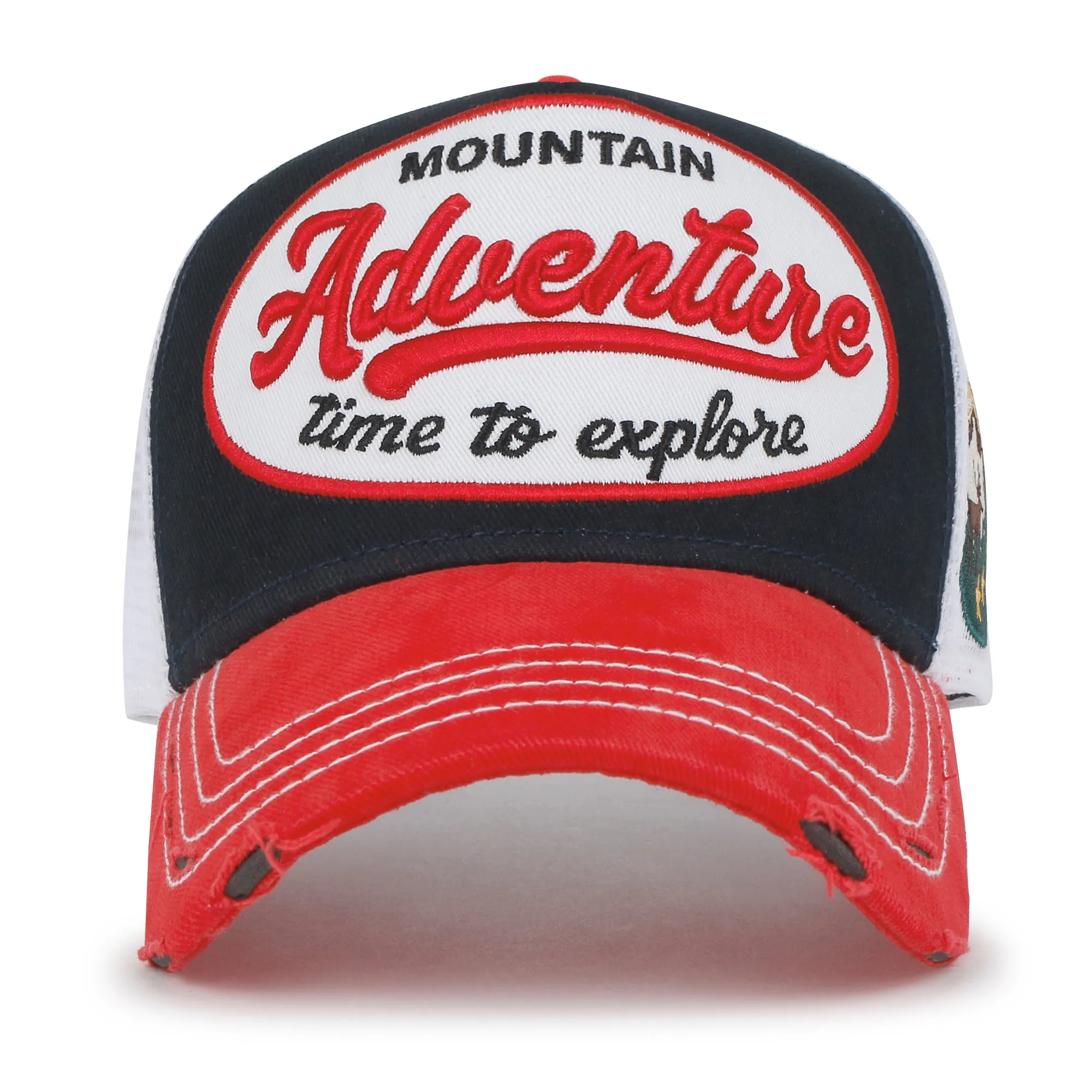 ililily PREMIUM Adventure Patch Structured Trucker Hat Distressed Baseball Cap