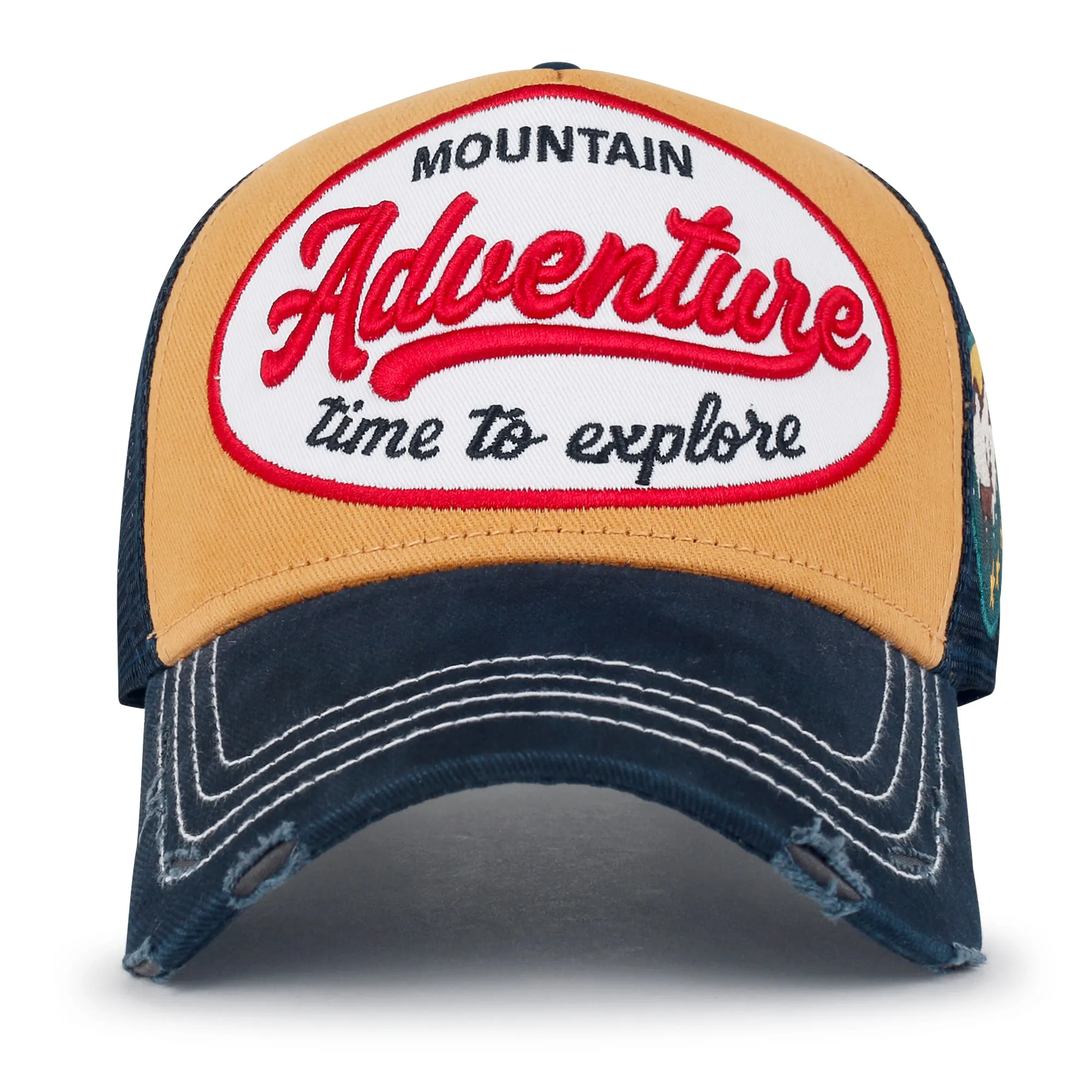 ililily PREMIUM Adventure Patch Structured Trucker Hat Distressed Baseball Cap