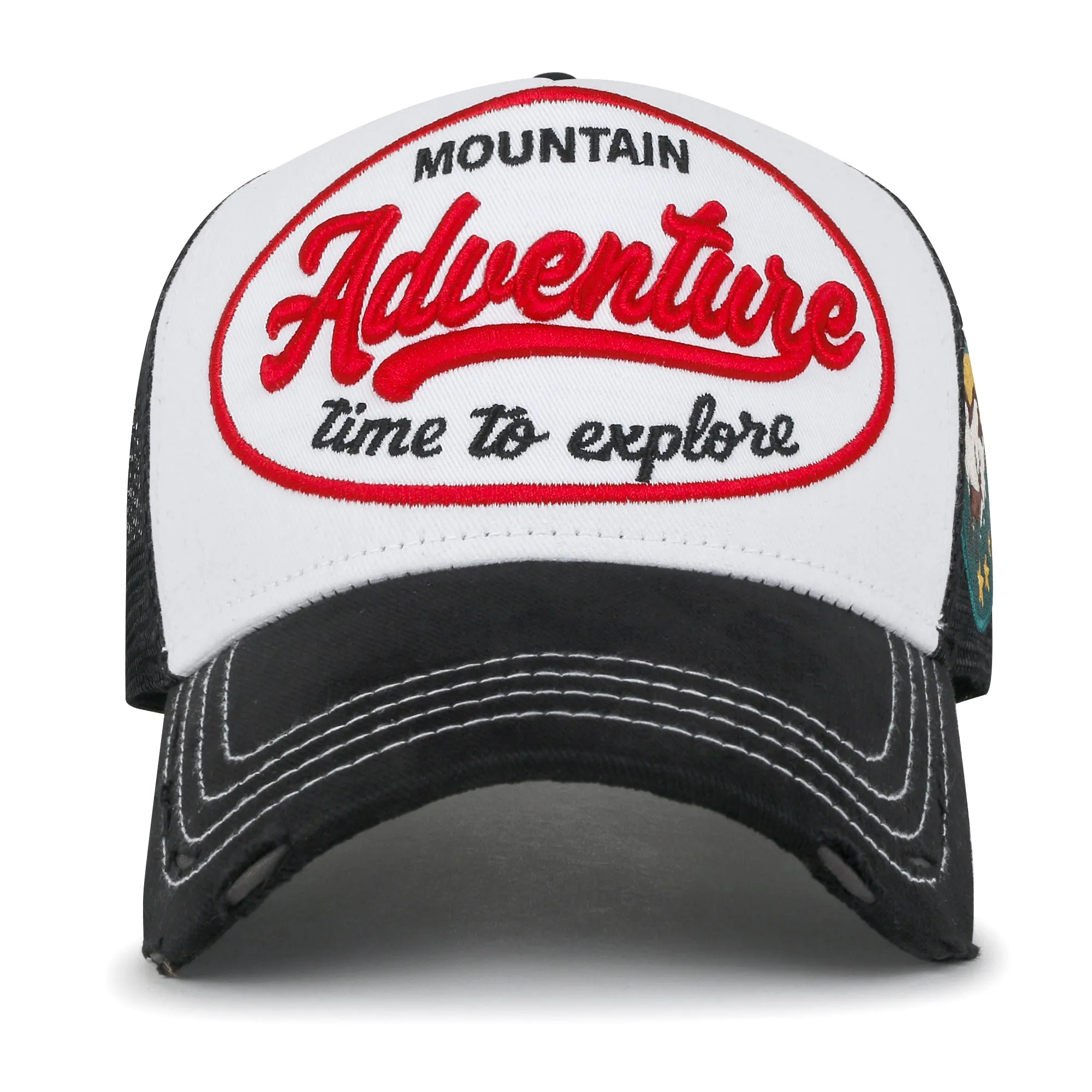 ililily PREMIUM Adventure Patch Structured Trucker Hat Distressed Baseball Cap