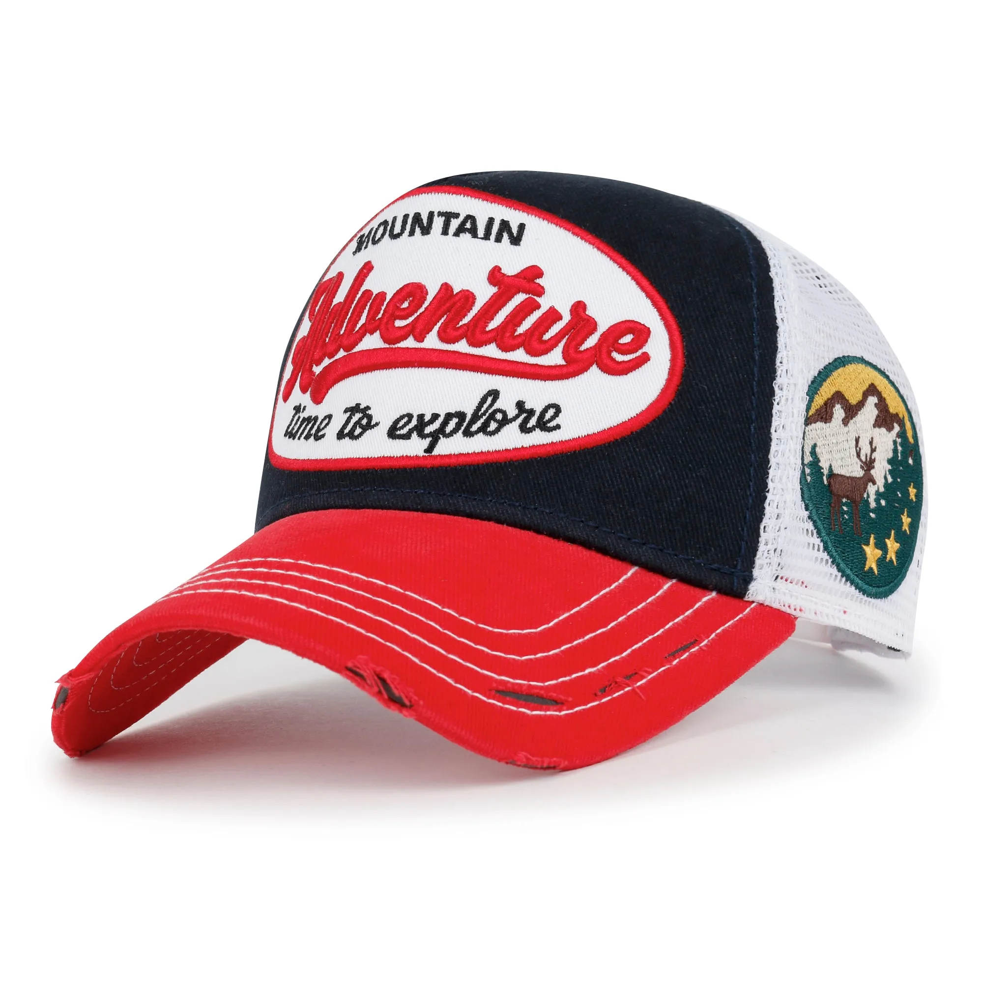 ililily PREMIUM Adventure Patch Structured Trucker Hat Distressed Baseball Cap