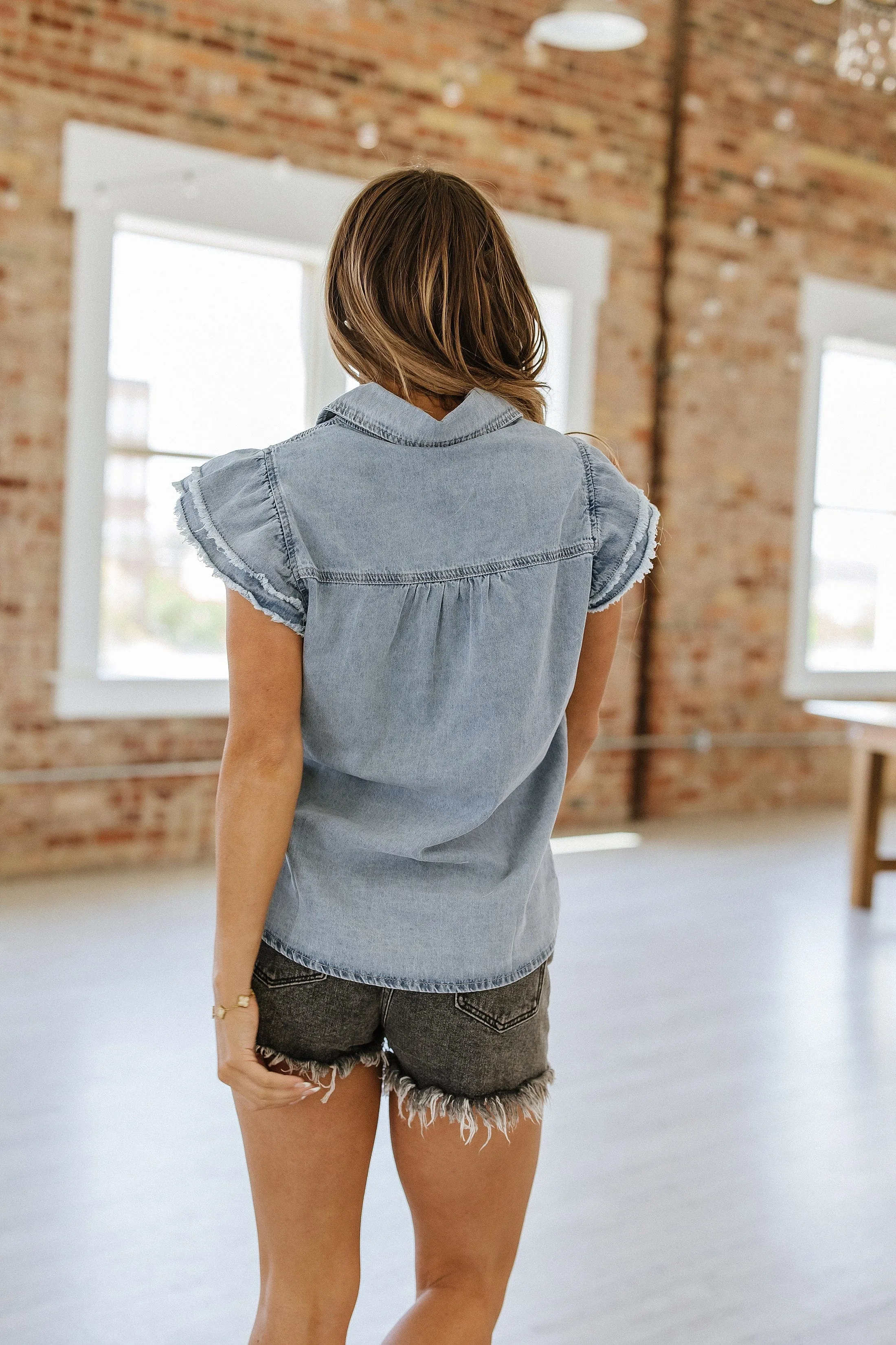 Joji Frayed Sleeve Denim Blouse | S-XL