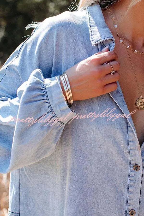 Madden Pocketed Chambray Button Down Denim Tunic Dress