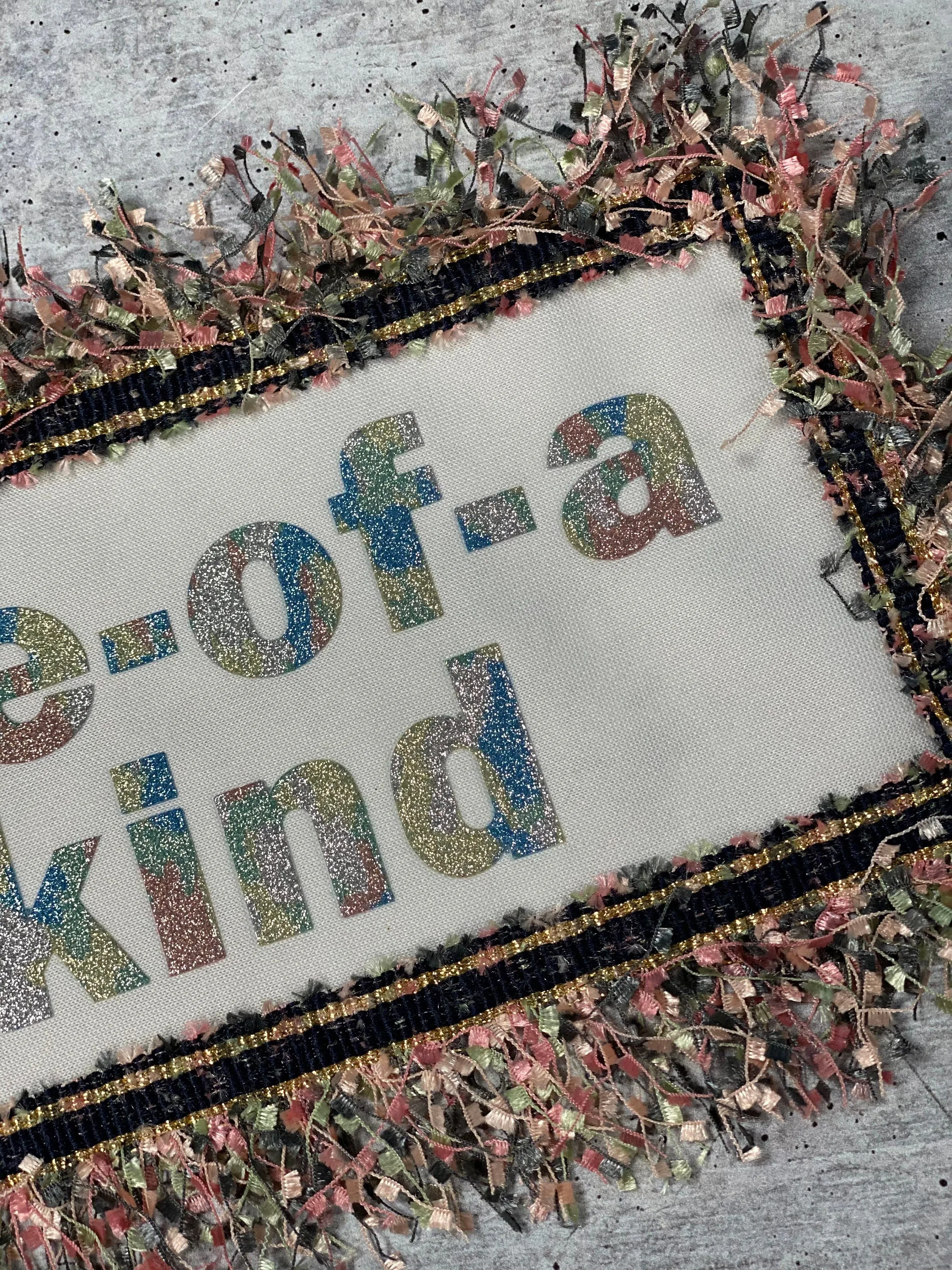 NEW, Exclusive, "One of A Kind," Size 9" x 5", (sew-on) Denim Confetti Fringe Fashion Applique, Patch for Denim Jacket, Camo, Sweaters