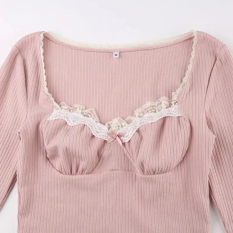 Pink Sweet Lace Trim Bow Cute Top