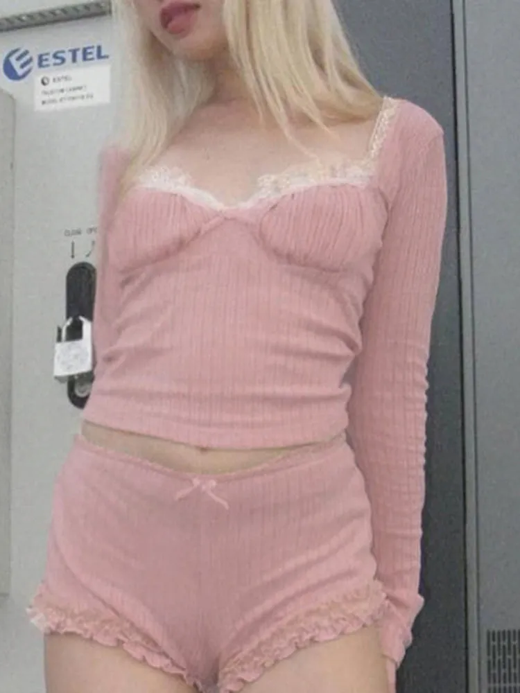 Pink Sweet Lace Trim Bow Cute Top