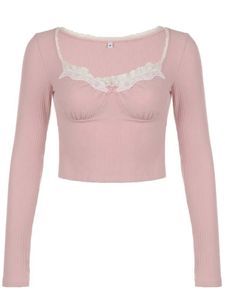 Pink Sweet Lace Trim Bow Cute Top