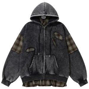 'Remnant' Plaid Trim Distressed Zip-Up Hoodie