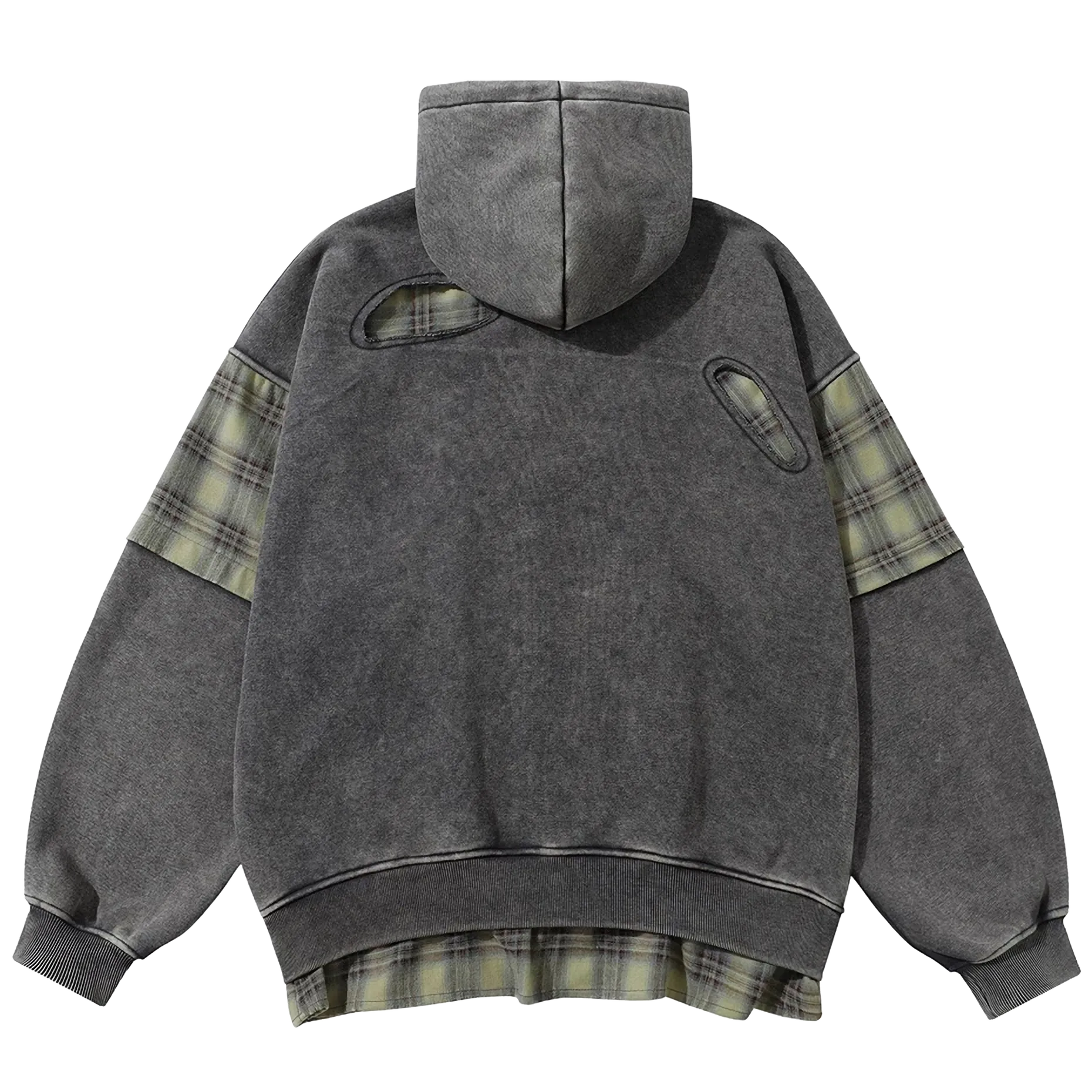 'Remnant' Plaid Trim Distressed Zip-Up Hoodie