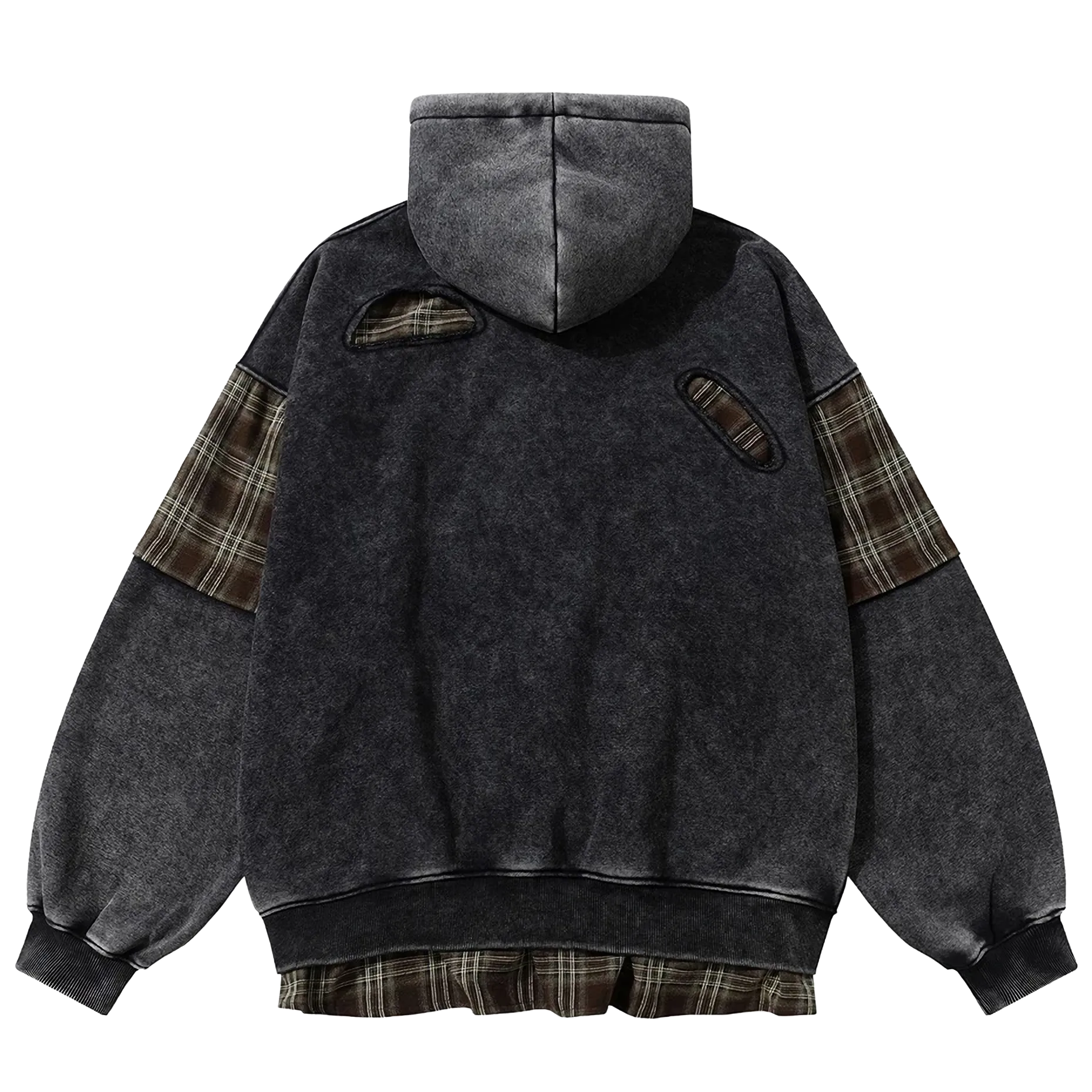 'Remnant' Plaid Trim Distressed Zip-Up Hoodie