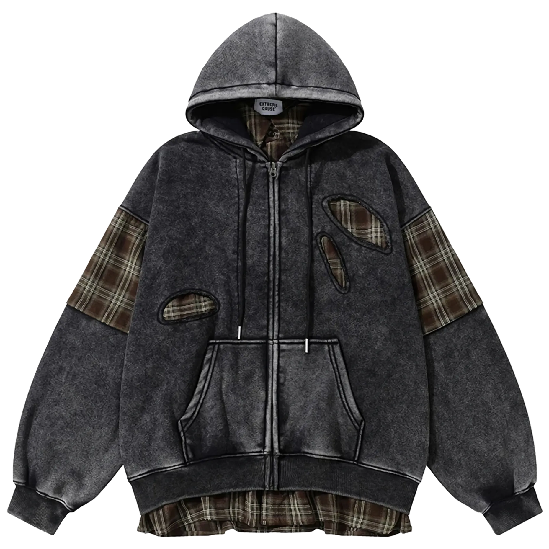 'Remnant' Plaid Trim Distressed Zip-Up Hoodie