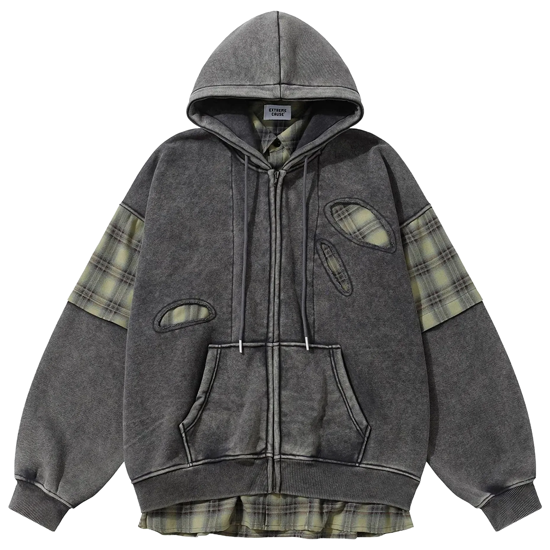 'Remnant' Plaid Trim Distressed Zip-Up Hoodie